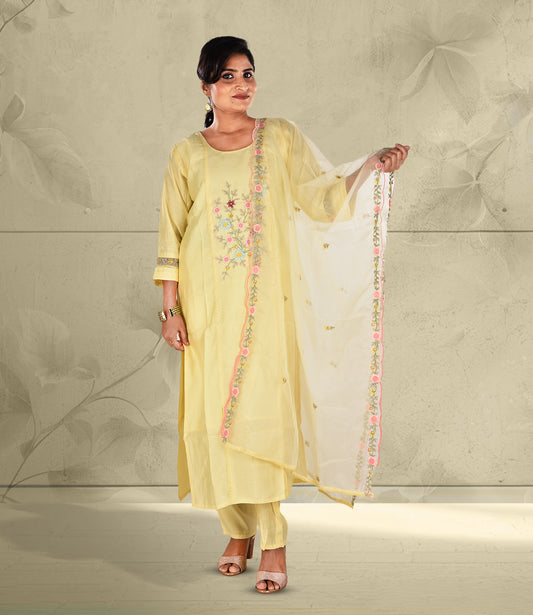 Yellow Embroidered Kurta with Trousers and Dupatta