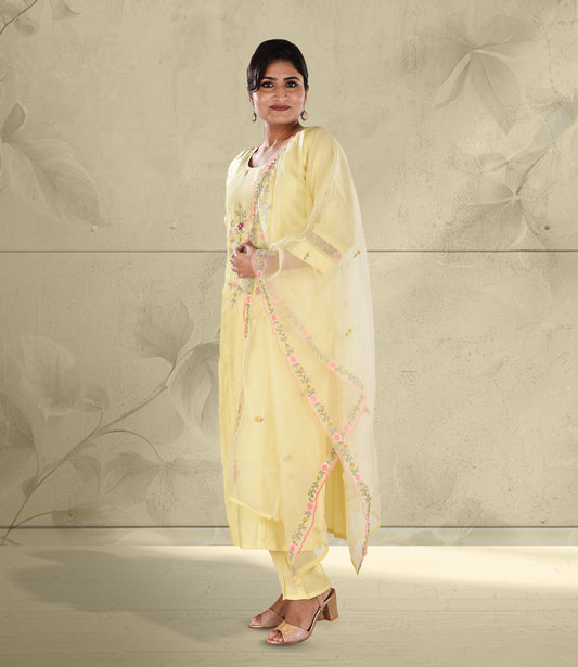 Yellow Embroidered Kurta with Trousers and Dupatta