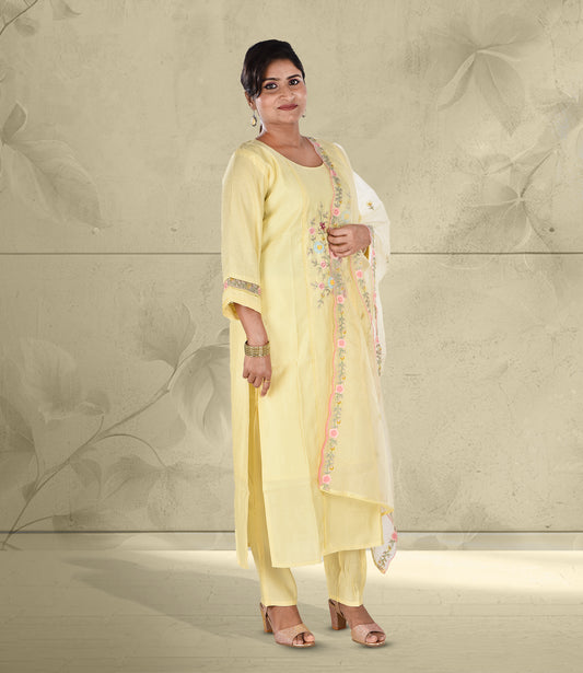 Yellow Embroidered Kurta with Trousers and Dupatta