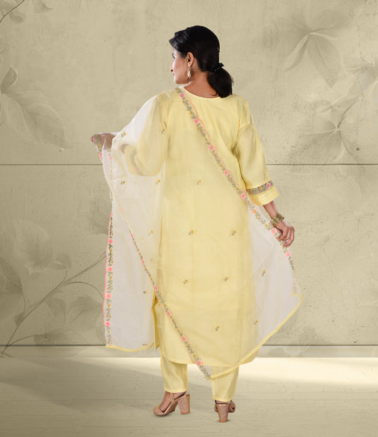 Yellow Embroidered Kurta with Trousers and Dupatta