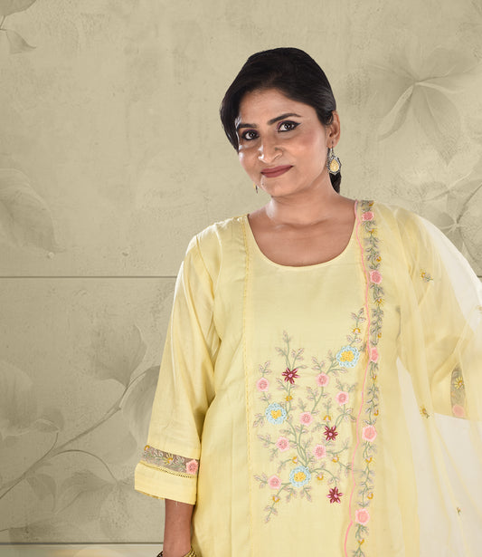 Yellow Embroidered Kurta with Trousers and Dupatta