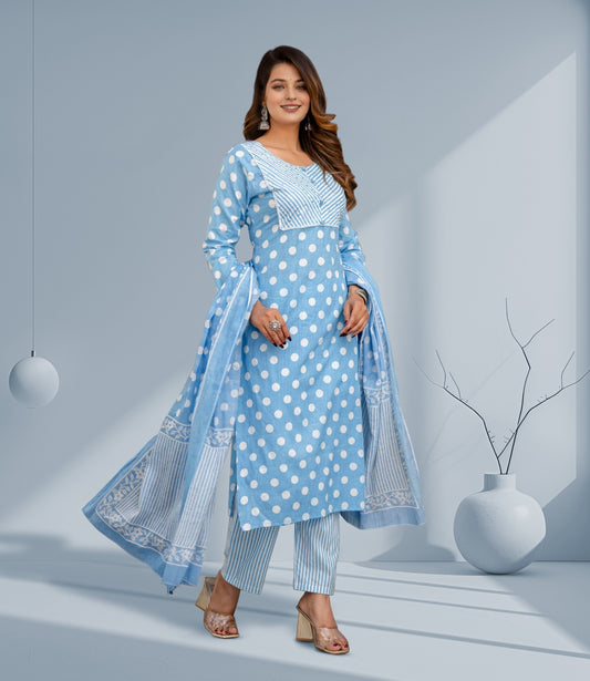 Sky Blue Polka Dot Kurta Set