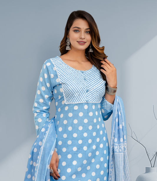 Sky Blue Polka Dot Kurta Set