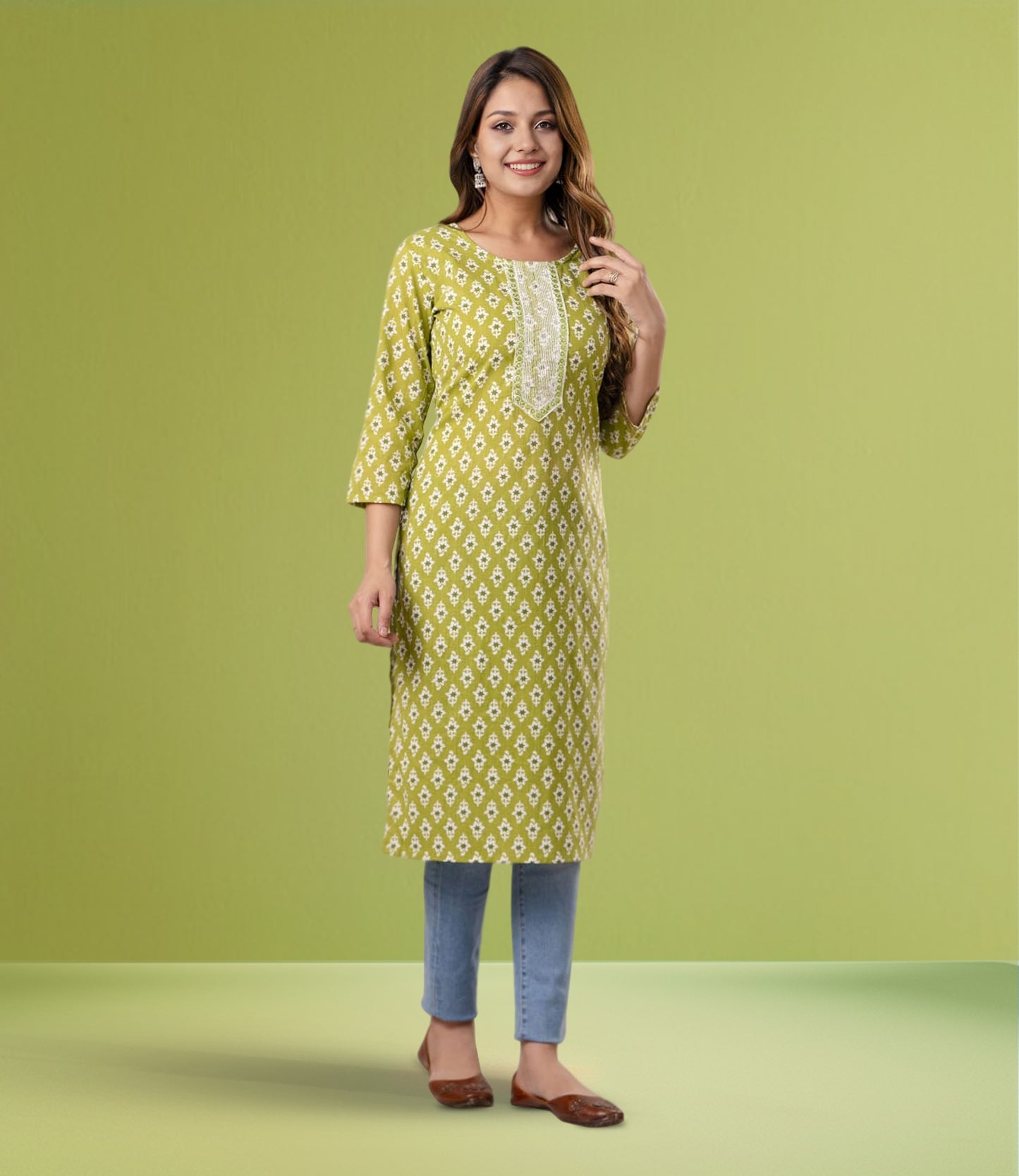 Green Cotton Printed Straight Kurta