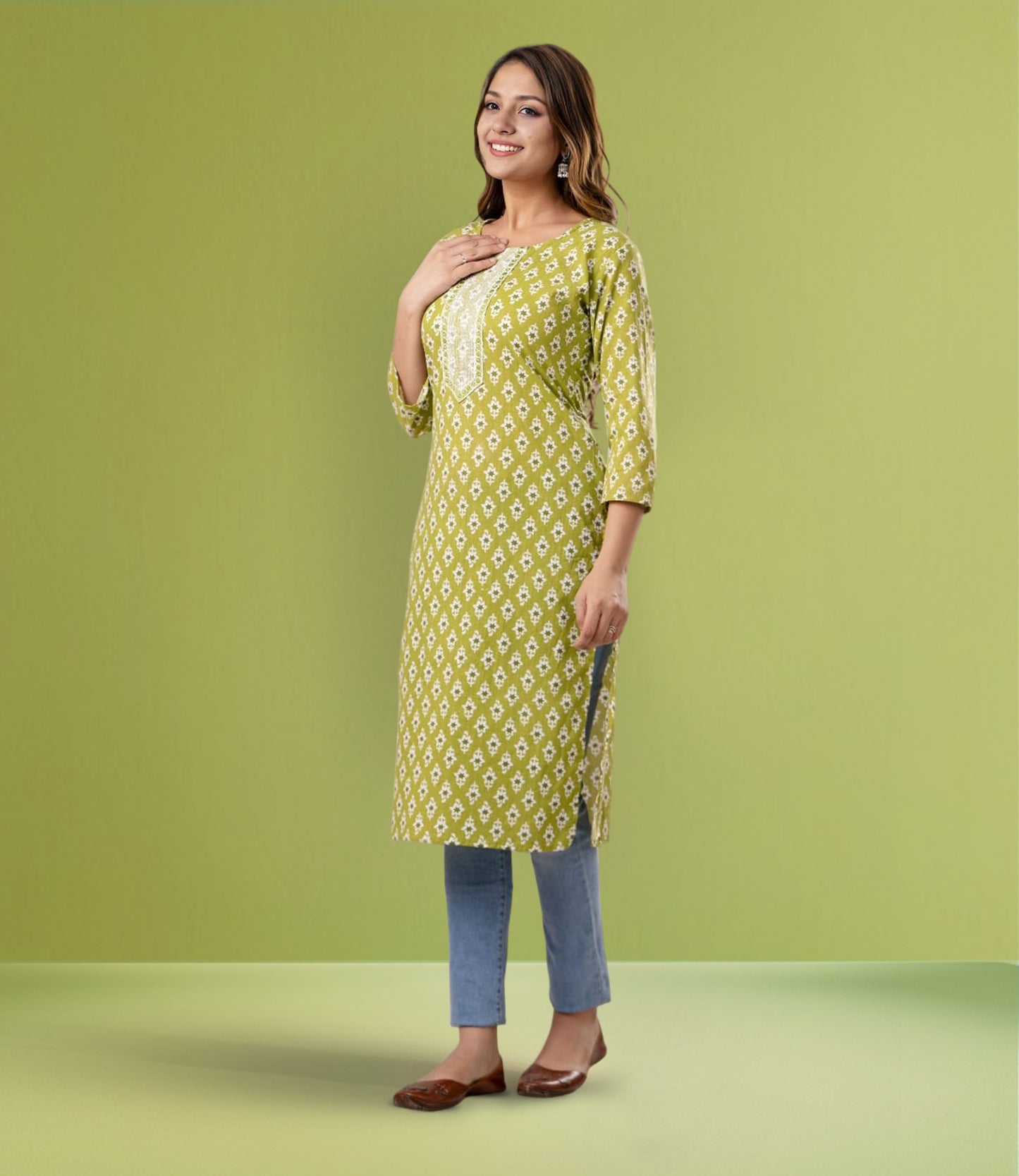 Green Cotton Printed Straight Kurta