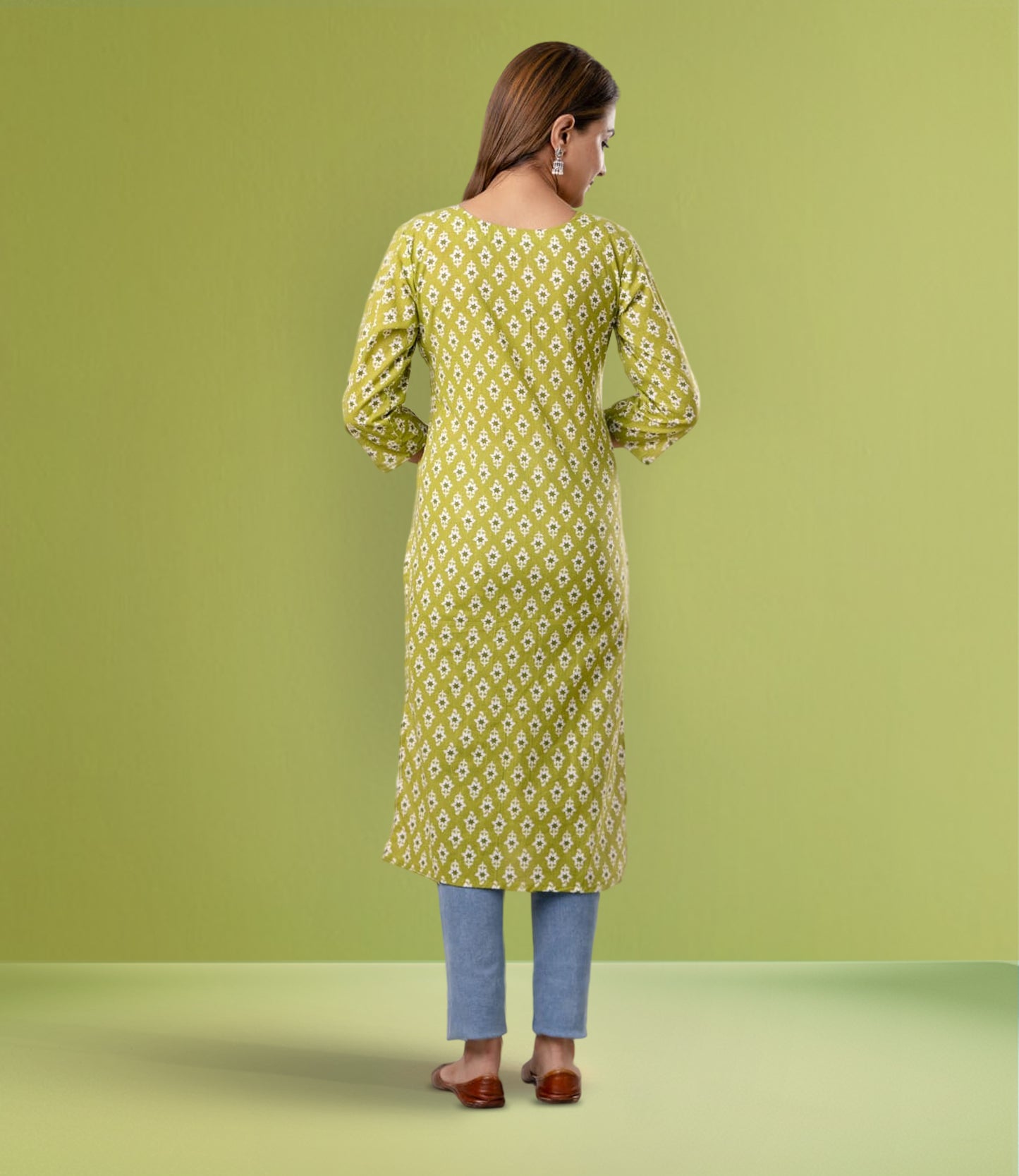 Green Cotton Printed Straight Kurta