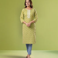 Green Cotton Printed Straight Kurta