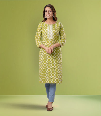 Green Cotton Printed Straight Kurta