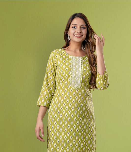 Green Cotton Printed Straight Kurta