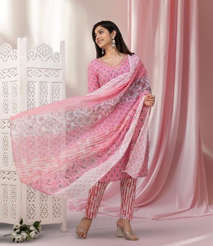 Blush Pink Printed Cotton Kurta Set