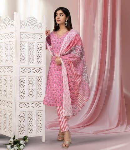 Blush Pink Printed Cotton Kurta Set