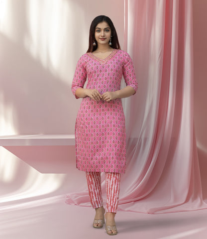 Blush Pink Printed Cotton Kurta Set