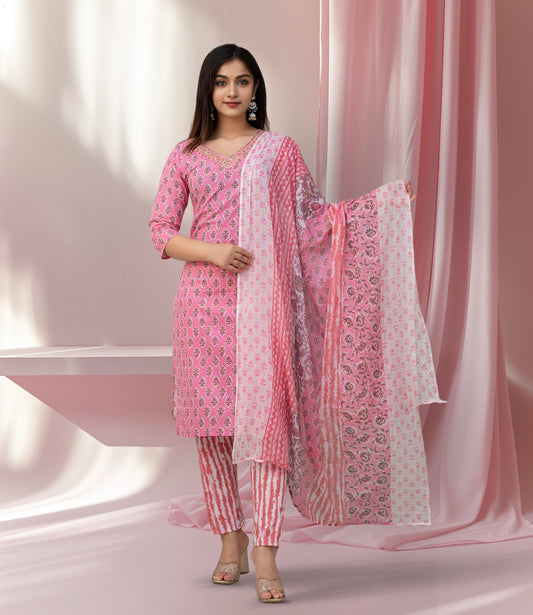 Blush Pink Printed Cotton Kurta Set