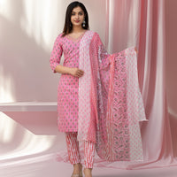 Blush Pink Printed Cotton Kurta Set