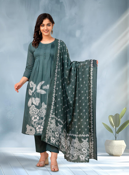 Teal Floral Print Kurta Set