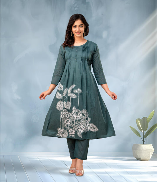 Teal Floral Print Kurta Set