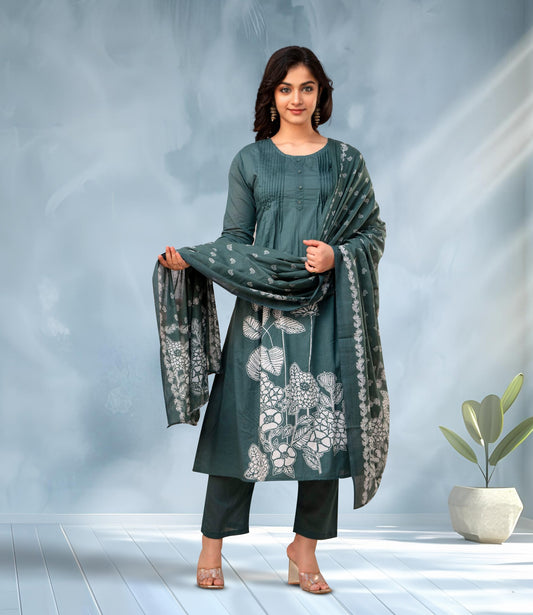 Teal Floral Print Kurta Set