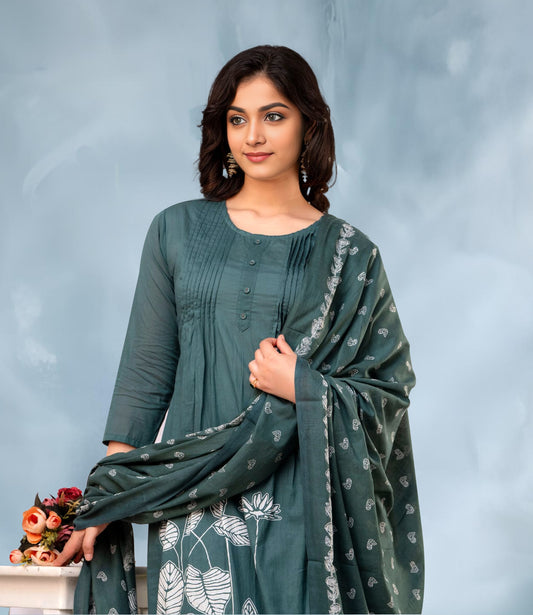 Teal Floral Print Kurta Set