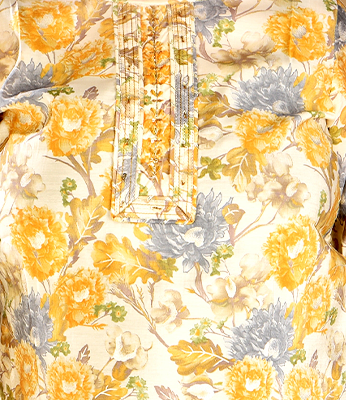 Yellow Floral Print Plus Size Muslin Kurti with Lemon Yellow Floral Print