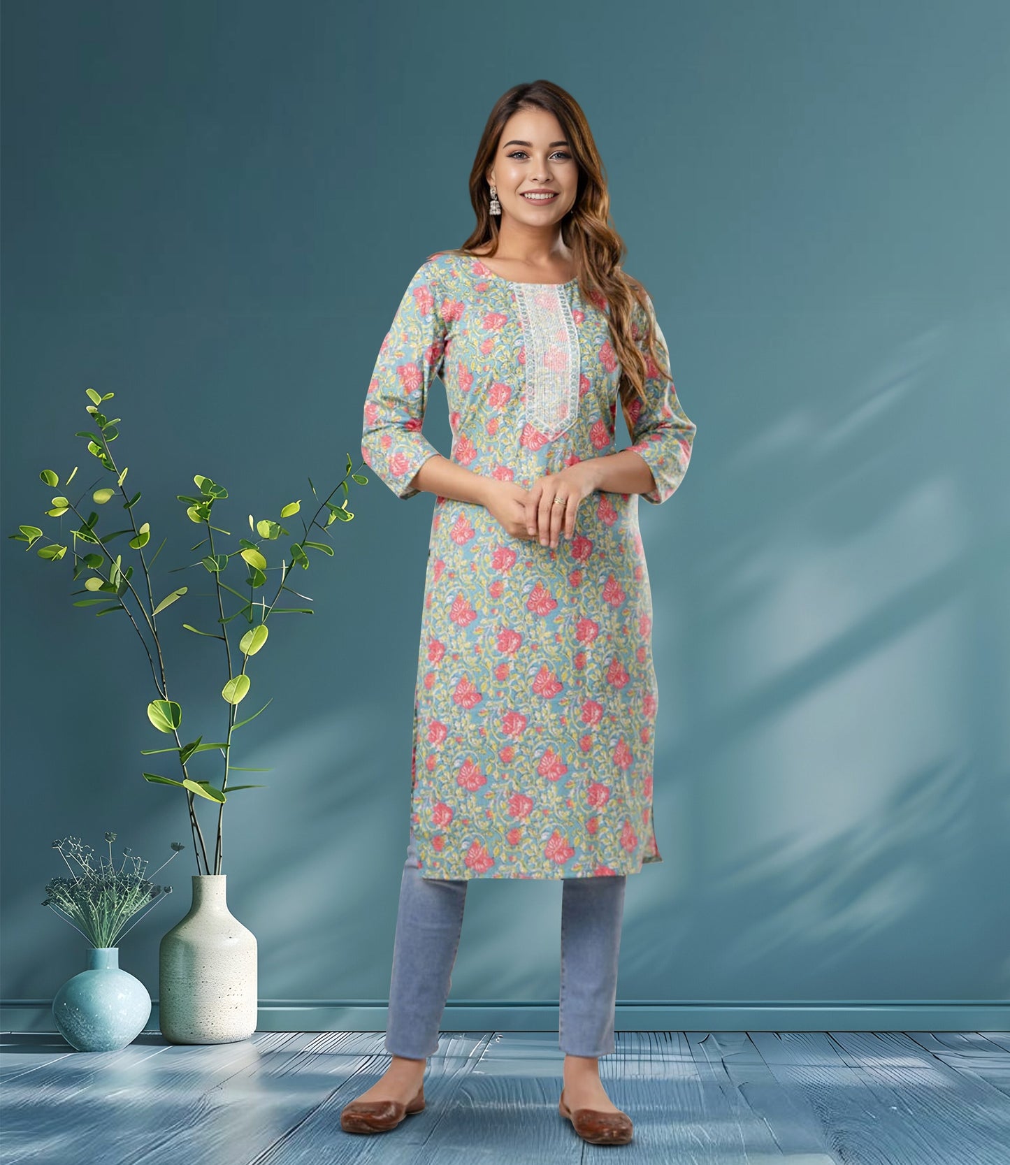 Green and Pink Floral Print Cotton Kurta