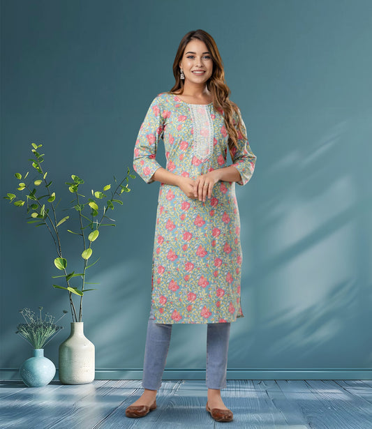 Green and Pink Floral Print Cotton Kurta