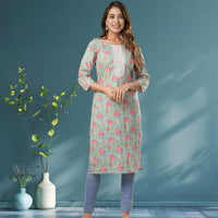 Green and Pink Floral Print Cotton Kurta