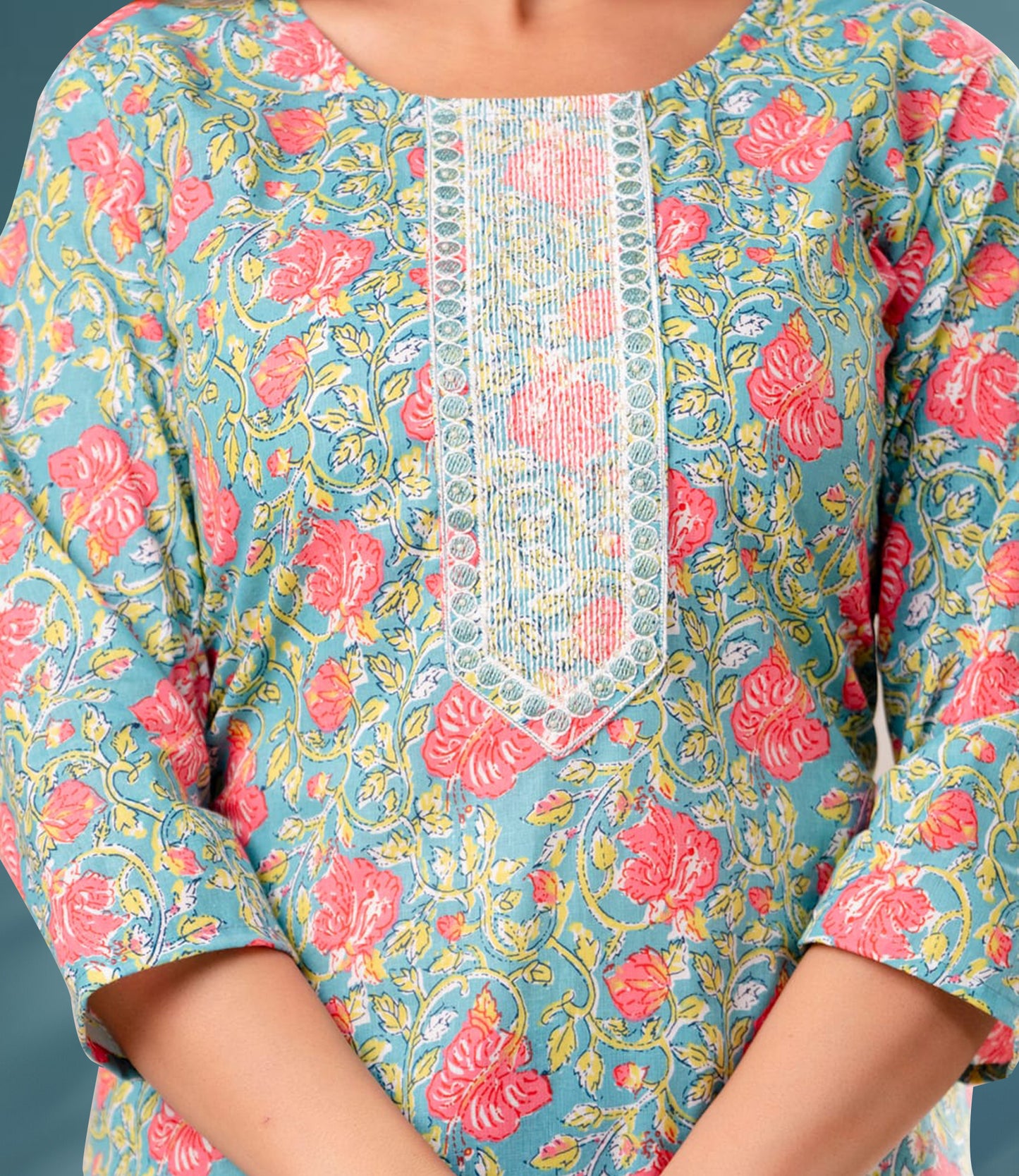 Green and Pink Floral Print Cotton Kurta