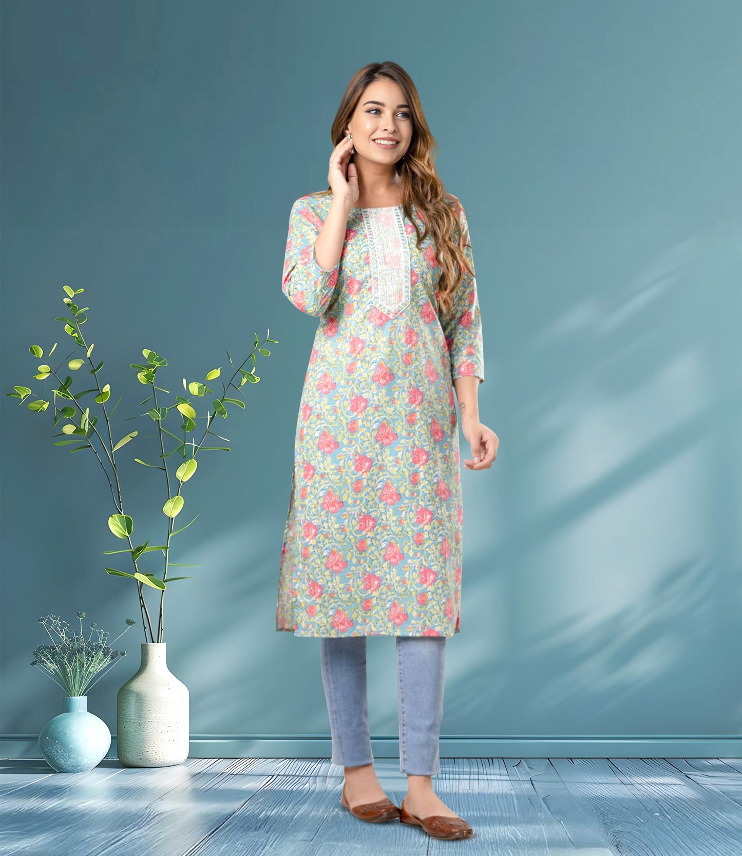 Green and Pink Floral Print Cotton Kurta