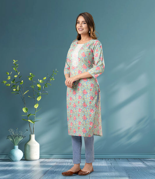 Green and Pink Floral Print Cotton Kurta