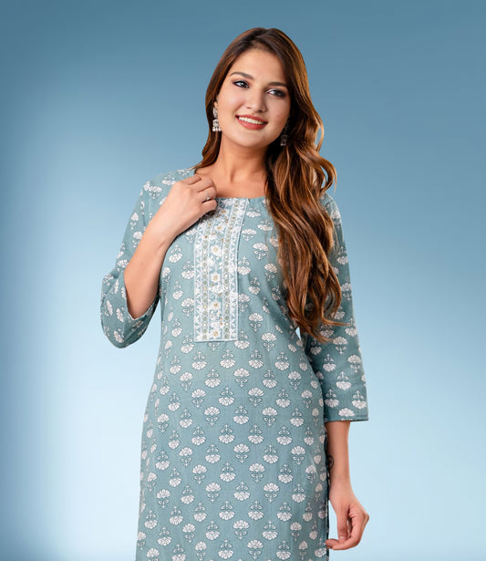 Blue Cotton Floral Print Straight Kurta