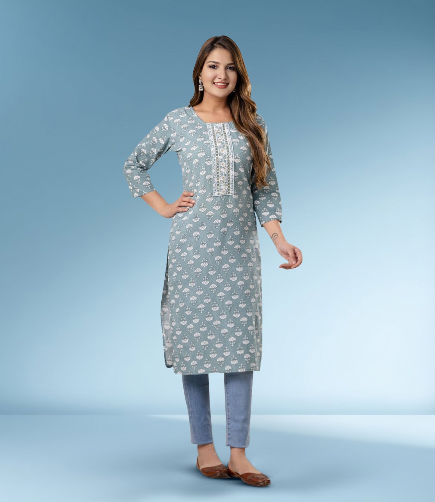 Blue Cotton Floral Print Straight Kurta