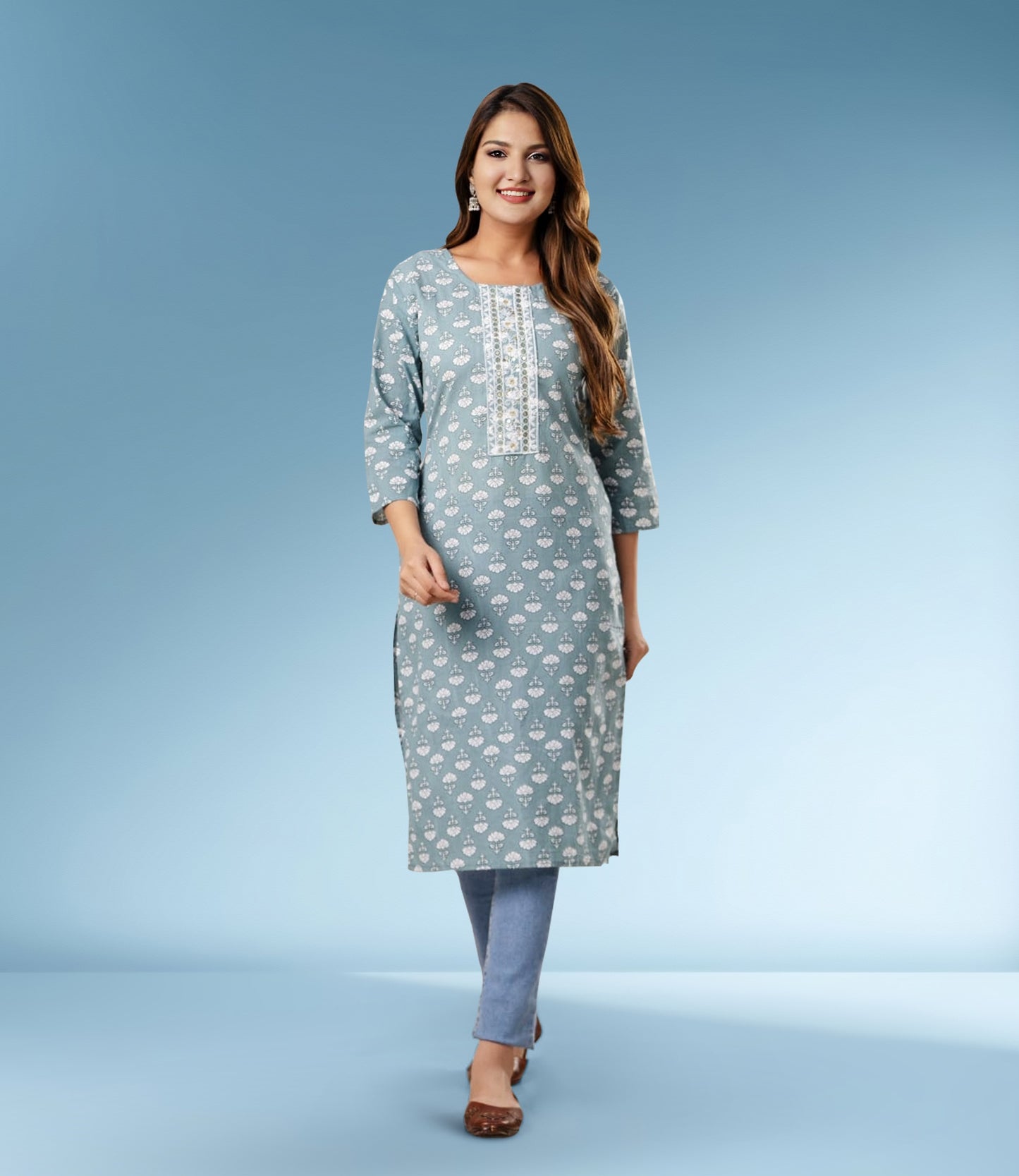 Blue Cotton Floral Print Straight Kurta