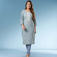 Blue Cotton Floral Print Straight Kurta